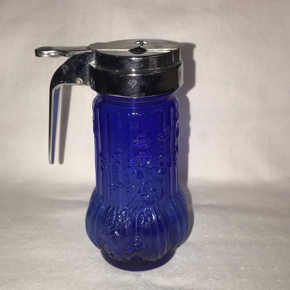 Vintage Cobalt Blue Syrup Pitcher with Flowers - Picture 1 of 10